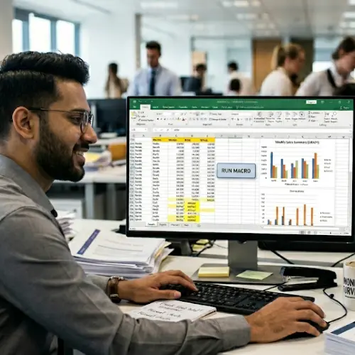 Happy data analyst successfully building interactive Excel dashboards on a dual-monitor setup.