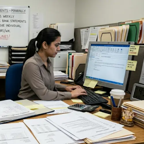 Dedicated data entry clerk utilizing advanced filtering techniques on a desktop computer.