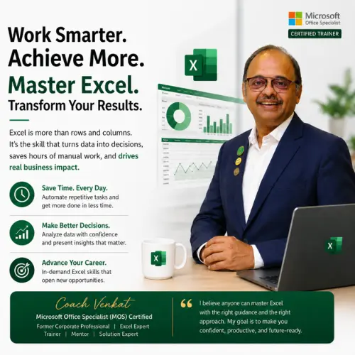 Work Smarter Achieve More Master Excel promotional banner featuring Coach Venkat.