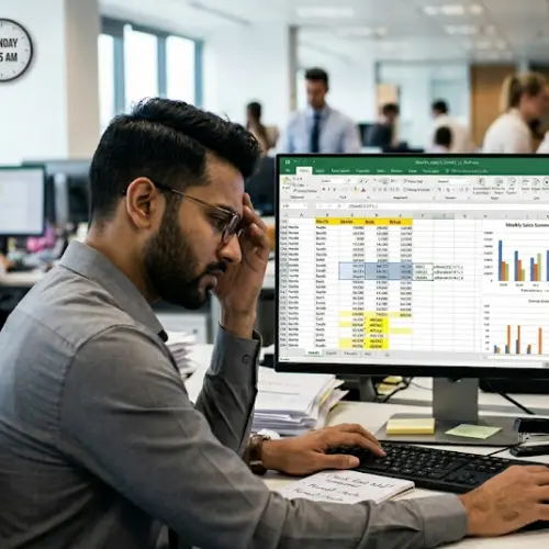 Overwhelmed analyst struggling to reconcile large datasets across multiple spreadsheet windows.